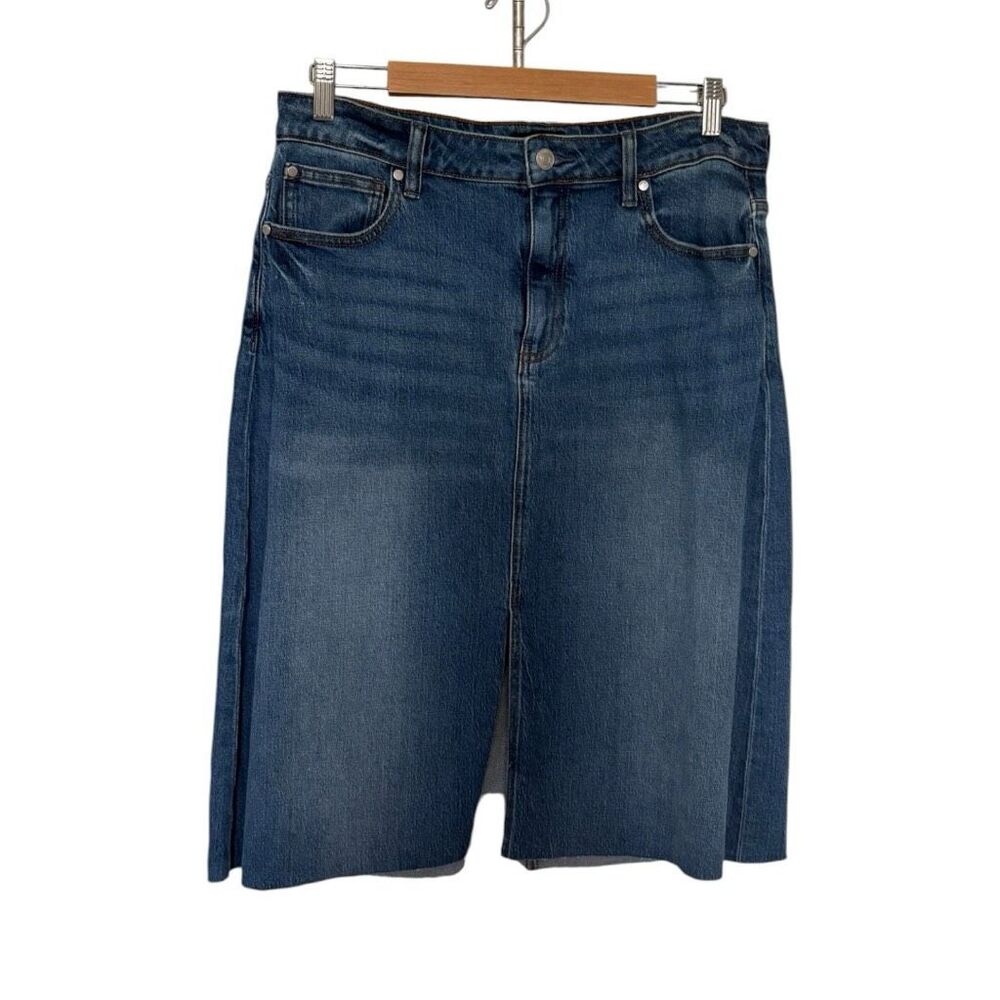 Quince Stretch Denim 5-Pocket Midi Skirt Women’s Size 31 Front Slit & Raw Hem